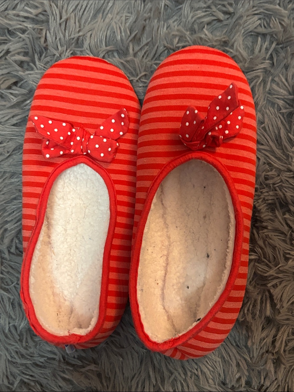 WW well worn slippers fur lined Red Striped Bow Slip-On Shoes